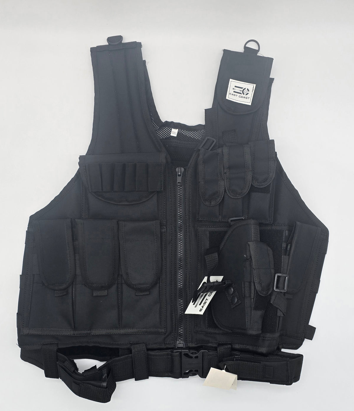 Tactical Airsoft Vest | w/ Pistol Holster | Fully Adjustable | Color: Black | East Coast