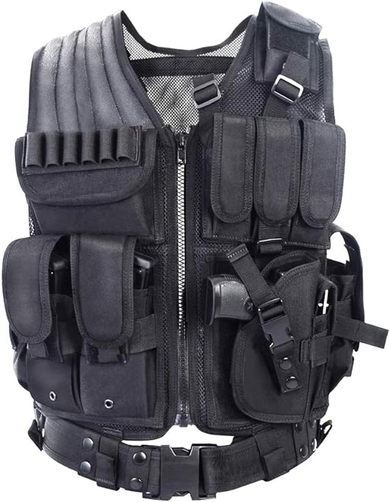Tactical Airsoft Vest | w/ Pistol Holster | Fully Adjustable | Color: Black | East Coast