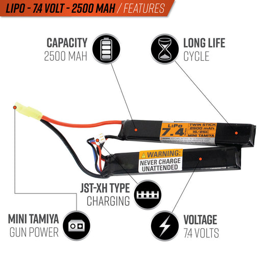 Valken Lipo 7.4V 2500Mah 15/25C Split (Small Tamiya)