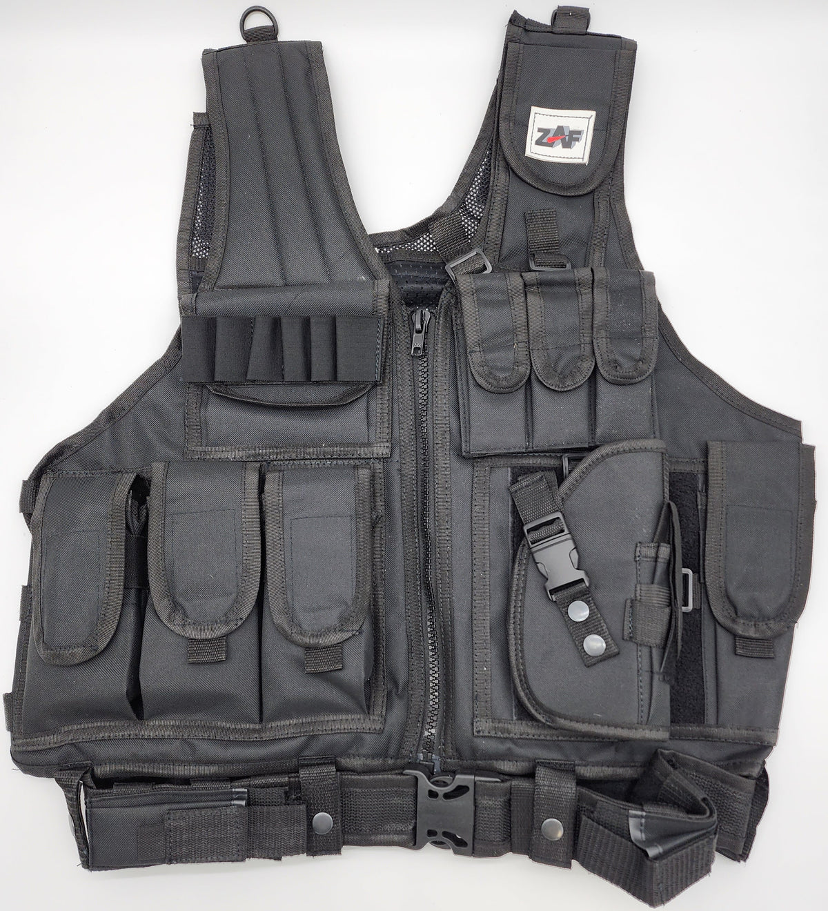 Tactical Airsoft Vest | w/ Pistol Holster | Fully Adjustable | Color: Black