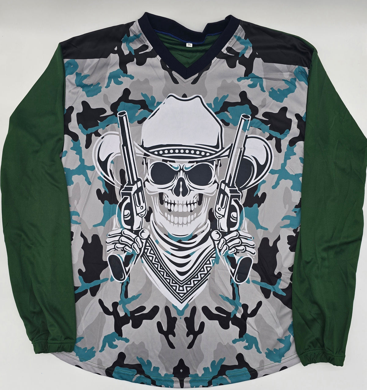 navy green camo skull with dual revolvers | Paintball Practice Jersey