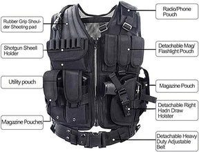 Tactical Airsoft Vest | w/ Pistol Holster | Fully Adjustable | Color: Black | East Coast