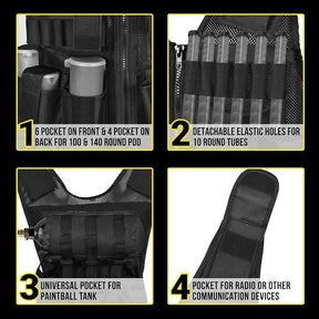 9 Pod Harness / Tactical Vest combo | w/ barrel Sleeve + Neck protector | Fully Adjustable Fit | Black