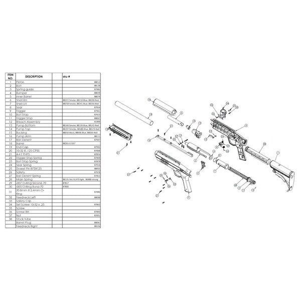 Diagram of an AR-15 rifle disassembled with a parts list on the left.
