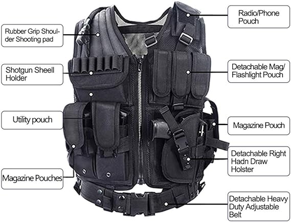 Tactical Airsoft Vest | w/ Pistol Holster | Fully Adjustable | Color: Black - Image 5