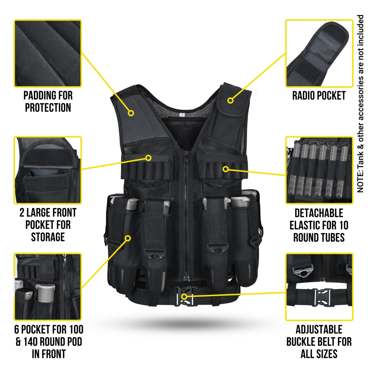 9 Pod Harness / Tactical Vest combo | w/ barrel Sleeve + Neck protector | Fully Adjustable Fit | Black - Image 4