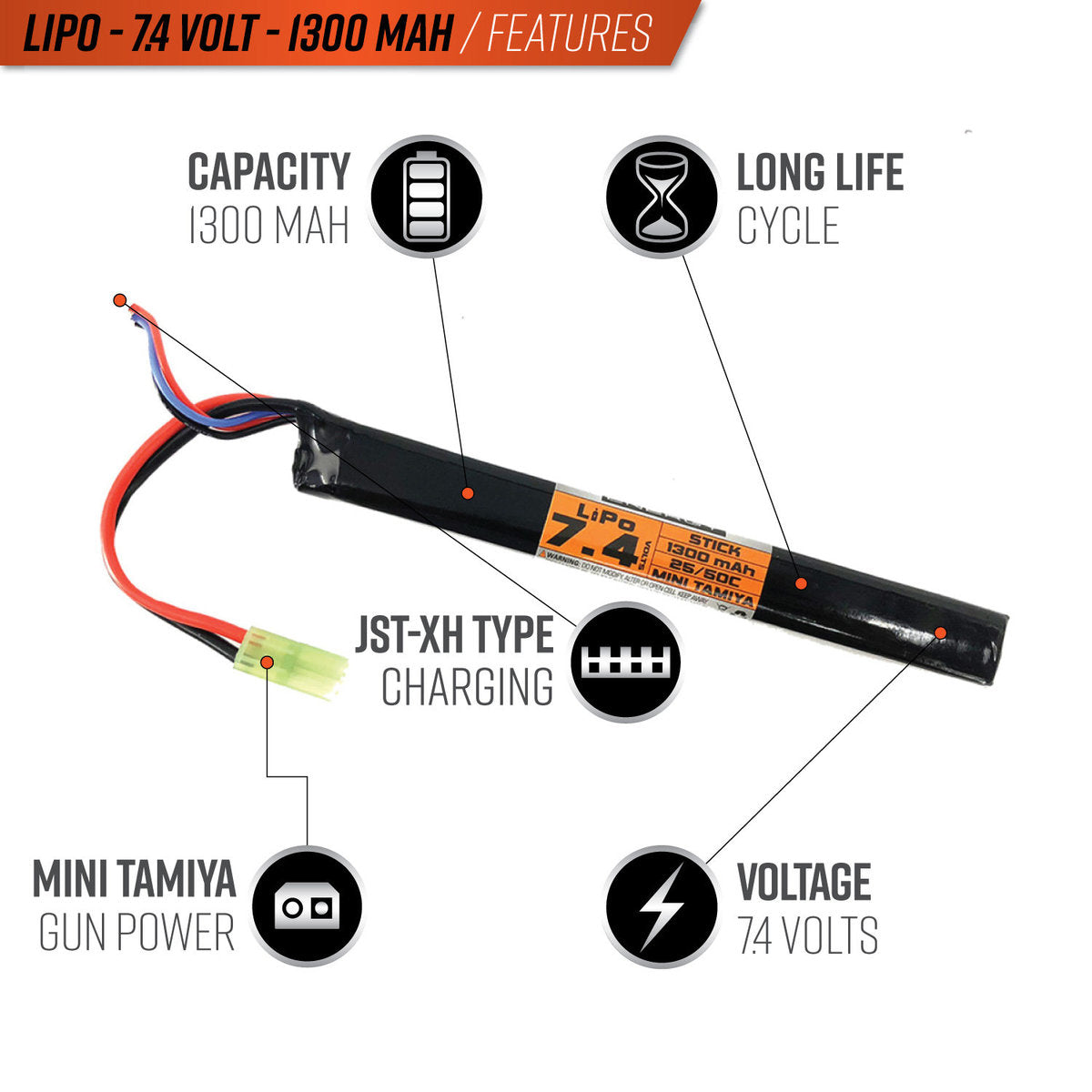 Valken Lipo 7.4V 1300Mah 50C Stick Airsoft Battery (Small Tamiya) - Image 2