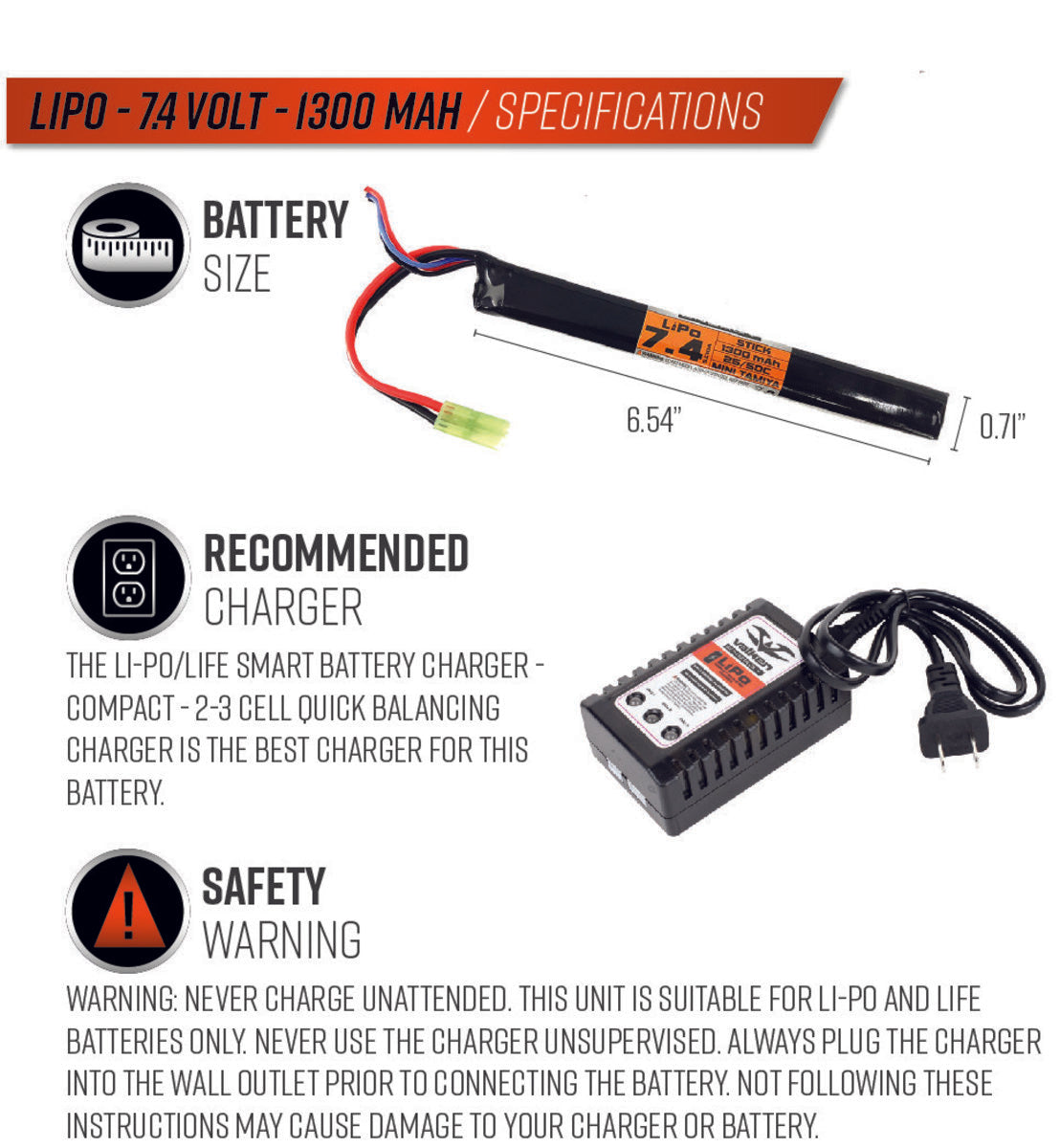 Valken Lipo 7.4V 1300Mah 50C Stick Airsoft Battery (Small Tamiya) - Image 3